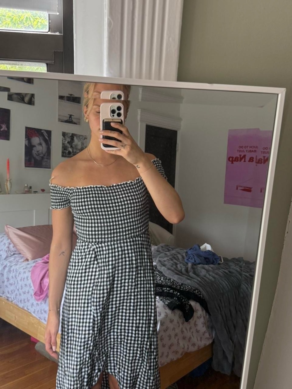 American Eagle Outfitters Black and White Gingham Off-Shoulder Midi Dress